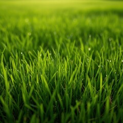 Fototapeta premium Vibrant, healthy green grass background. A saturated, macro view emphasizing the texture of fresh lawn blades under natural sunlight, vegetation, lush, turf