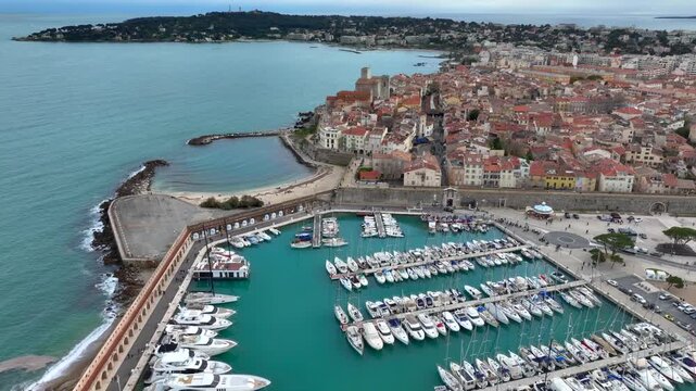 Jacht club, Harbor of Port Vauban in Antibes, France. Old town in French Riviera by Mediterranean Sea, Aerial of Cote d Azur.