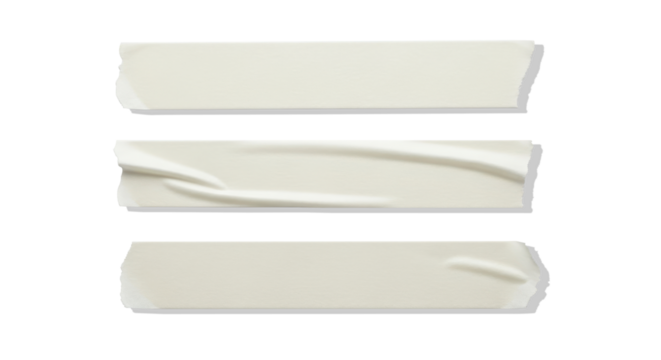 Three strips of light beige masking tape isolated on transparent background