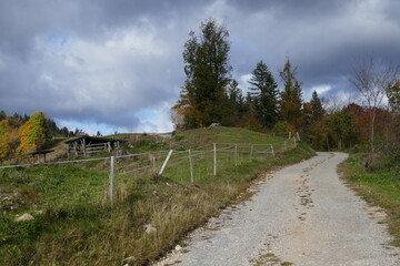 Alpine autumn landscape with pasture fence and gravel road  . Alpine Herbstlandschaft mit Weidezaun und Schotterstra&szlig;e