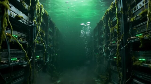 Eerie Submerged Data Center with Glowing Light, A Dystopian Future Scene