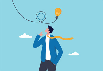 Rethink or think again to make change for better result, thinking new way to solve problem or make decisions, innovation idea to disruption concept, smart businessman rethink with lightbulb idea.