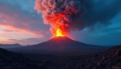 Active volcano erupts violently at twilight, spewing bright red-orange lava, thick ash cloud. Molten rock flows down mountain slopes. Dark desolate landscape. Dramatic sky highlights powerful earth
