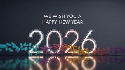 Bright glowing 'Happy New Year 2026' text with colorful abstract elements reflecting on a dark, polished surface.