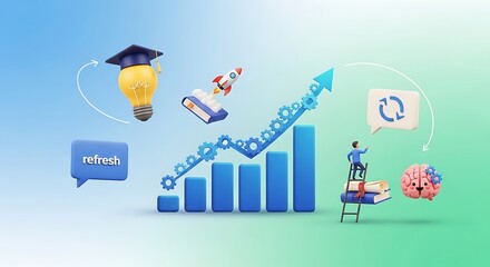 Business growth concept with upward trending graph, lightbulb, rocket, brain, and refresh icon