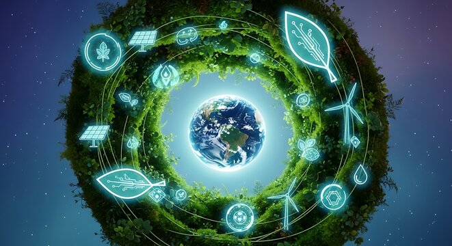 The earth surrounded by a ring of green foliage and glowing icons representing sustainable energy and environmentalism