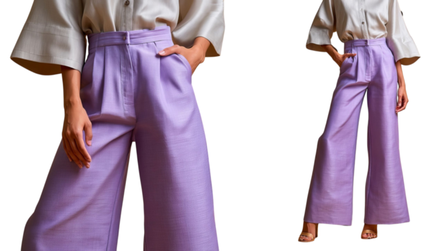 PNG of Stylish female model showcasing elegant lavender trousers paired with a light grey oversized top, exuding modern fashion vibes.