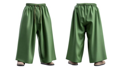 PNG of Stylish green loose pants displayed from front and back angles, showcasing a relaxed fit and soft fabric.