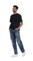 Happy man wearing stylish jeans on white background