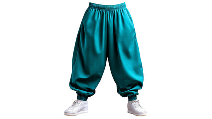 PNG of Vibrant teal sweatpants paired with stylish white sneakers, perfect for a trendy athletic look.