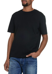 Obraz premium Man wearing black t-shirt on white background, closeup. Mockup for design