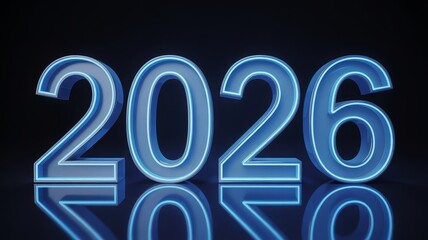 Glowing blue 3D numbers 2026 reflecting on a dark surface, representing the future year.