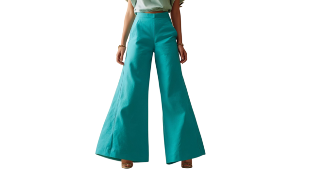PNG of A stylish woman in vibrant teal wide-leg pants and a casual top, exuding confidence and modern fashion sense. - Powered by Adobe