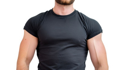 PNG of A muscular Caucasian man in a fitted black t-shirt, showcasing confidence and strength with a neutral expression.