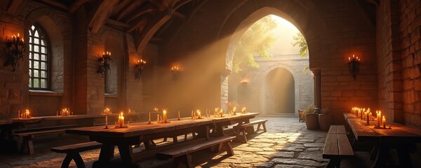Medieval dining hall with long wooden tables, benches inside stone castle. Many lit candles glow in dark room. Sunlight beams through archway into old stone courtyard. Rustic historic interior