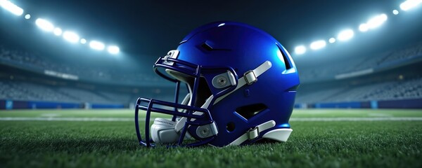Blue American football helmet rests on green grass field under bright stadium lights. Ready for game night competition, action, and sports excitement. Powerful athletic gear symbolizes team spirit.