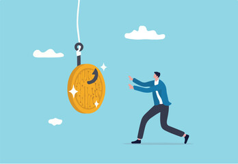 Crypto scams or fraud, liar create ICO initial coin offering to baiting greed investors or trader concept, greedy businessman running to grab bating cryptocurrency coin scam.