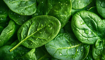 Obraz premium Fresh spinach leaves background. Healthy vegan food. Top view