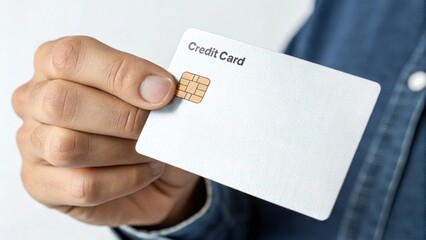 Obraz premium Hand holding blank credit card with chip in minimalist setting finance theme close-up view modern lifestyle