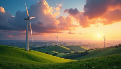 Serene Landscape with Wind Turbines Wide shot of rolling green hills with several large, modern wind turbines at different distances. The sky is a dramatic blend of orange, pink, and purple hues of a