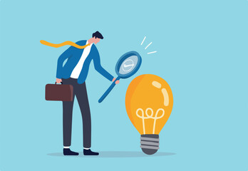 Validate startup idea that have potential to implement and success in real life, analyze and choose best business idea concept, smart businessman verify or validate light bulb idea and make approval
