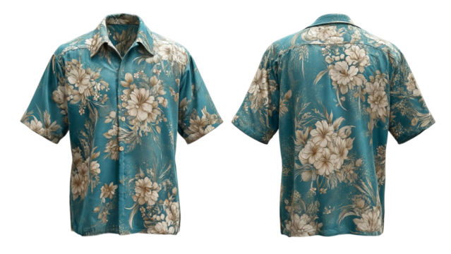 PNG of Men's Hawaiian-style shirt featuring a vibrant floral design in turquoise, perfect for a casual summer outing.
