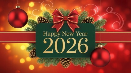 A festive Happy New Year 2026 greeting card design with a red bow, pine needles, pinecones, and red ornaments on a bokeh background.
