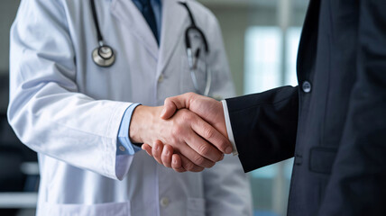 Fototapeta premium Doctor in white coat shaking hands with businessman, symbolizing healthcare partnership