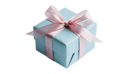Obraz premium A light blue gift box tied with a delicate pink ribbon and a bow isolated on transparent background