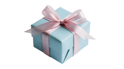 A light blue gift box tied with a delicate pink ribbon and a bow isolated on transparent background