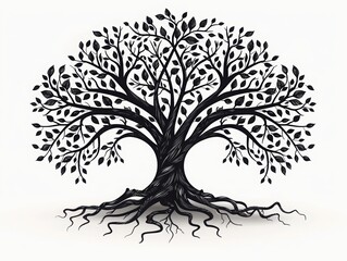 Black and white artistic illustration of a tree with intricate branches and roots.