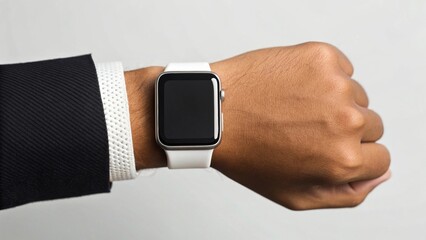 Hand presenting smartwatch screen neutral background technology product showcase professional environment close-up view