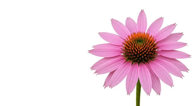 A delicate pink coneflower bloom isolated against a pristine white backdrop, showcasing soft petals and a distinct central cone ,studio, summer, background