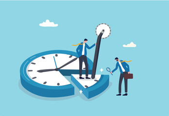 Time or attendance tracking system, analyze work efficiency in project management, productivity, workflow or effort, time spending to finish task concept, businessman cut clock in piece to analyze.