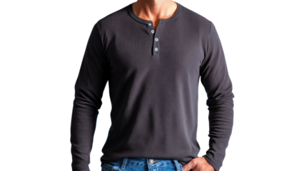 PNG of A stylish Caucasian male model in a dark gray long-sleeve henley shirt, posed confidently in a casual look.