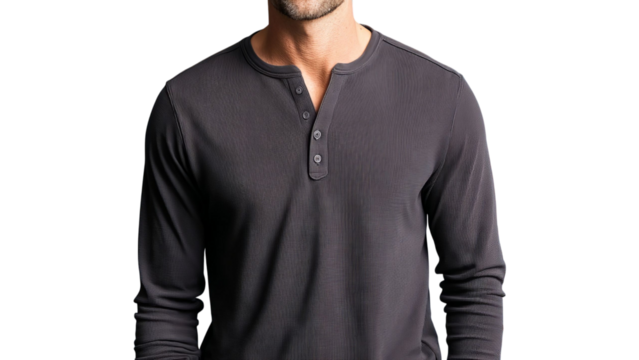 PNG of Stylish man in a black long-sleeve henley shirt, showcasing a confident and modern vibe.