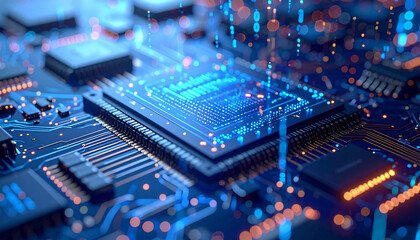 Obraz premium Electronic Circuit: A detailed view of a cutting-edge electronic circuit board, with intricate pathways and microchips. The design is illuminated with vibrant blue and orange lights.