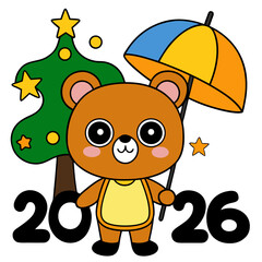 A cute bear standing with umbrella, decorative tree besides, stars on both sides, 2026 label art, simple white background