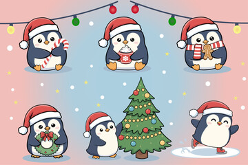 Cozy Christmas penguins in festive Santa hats. Funny cartoon animals with gifts, cup of cocoa, Christmas tree and winter decor.