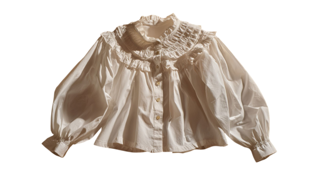 PNG of Elegant white blouse with ruffled collar and puffed sleeves, perfect for a stylish look.
