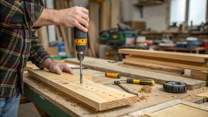 Hand using flathead screwdriver on wooden plank in workshop crafting scene close-up view