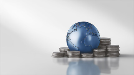 Metal globe and silver coins symbolizing global finance, economy and investment with modern minimal style.
