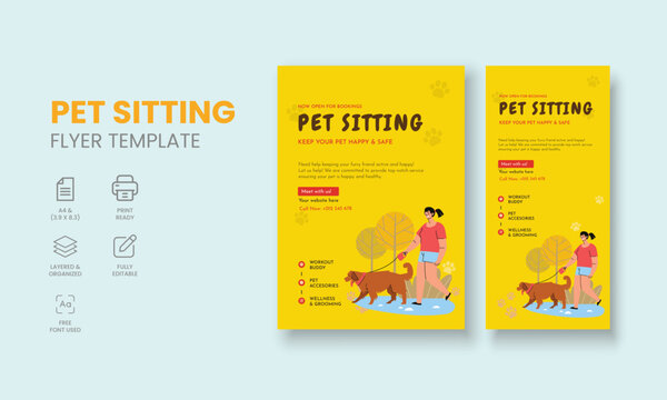 Pet Sitting Flyer Template, Pet Sitting Service Poster, Dog Walking Poster