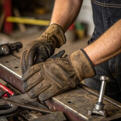 Manual labor action pair of hands donning leather work gloves in workshop environment
