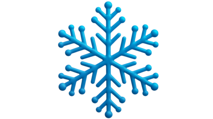 A single bright blue snowflake with intricate crystalline branches isolated on a transparent background representing winter and cold isolated on transparent background
