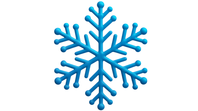 A single bright blue snowflake with intricate crystalline branches isolated on a transparent background representing winter and cold isolated on transparent background