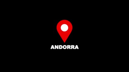 Andorra map location pin animation. Andorra text up down location pin pointer icon black background. Alpha channel GPS location tracking animation. 4K video