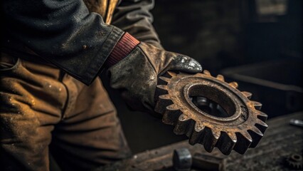 Fototapeta premium Industrial worker holding worn gear workshop photography grimy environment close-up manual labor concept
