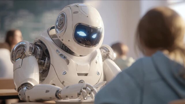 A lifelike robot engages in a learning session with a child, symbolizing the integration of artificial intelligence in schools. The atmosphere is bright, innovative, and inspiring