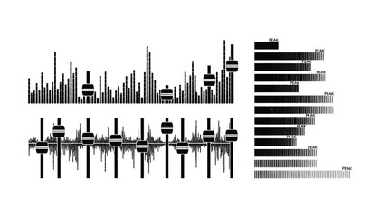 Abstract visualization of audio waveforms and sound equalizer settings against a white background.